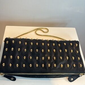 THOMAS WYLDE Black Leather Skull Studded Foldover Clutch Chain Shoulder Bag Rare
